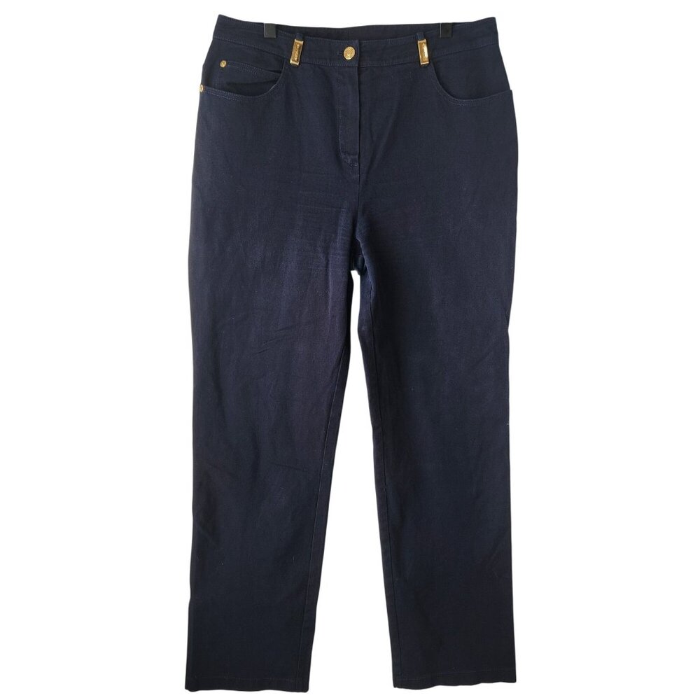 St. John Sport Navy Blue Jeans Chino Pants Straight Wide Leg Trousers Women's 12